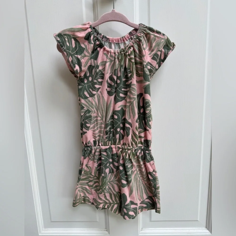 The Children's Place 3T Girls Pink and Gray Leaf Tropical Romper